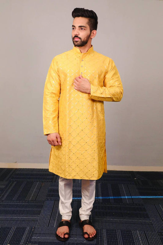 Yellow Premium soft silk kurta with sequins work and with white cotton pajama