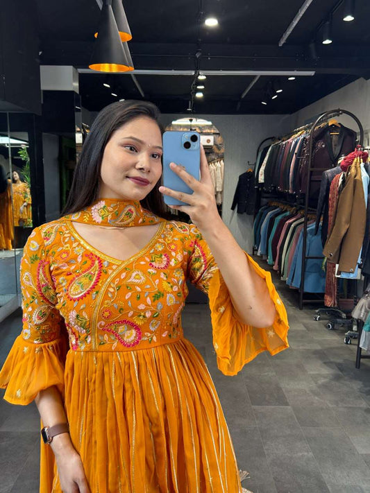 Mustard embroidered soft georgette sharara dress with top and dupatta fully stitched