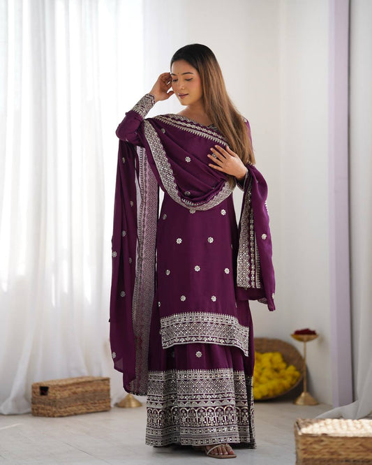 Purple wine Punjabi Sharara set fully stitched