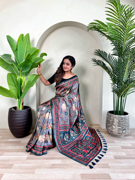 Ramya - Beautiful Dola Silk Printed Saree with Stitched Blouse Options