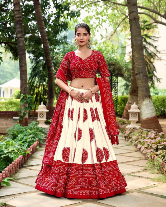 Navratri Special Red Bandhani Print Fully Stitched Lehenga