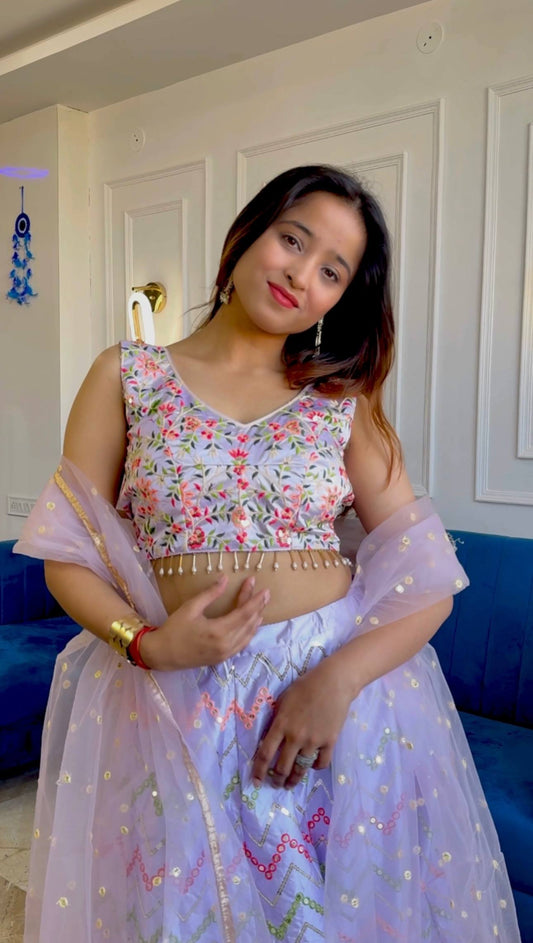 Pastel Purple Premium Satin Silk Lehenga with Sequins and Embroidery Work Fully Stitched