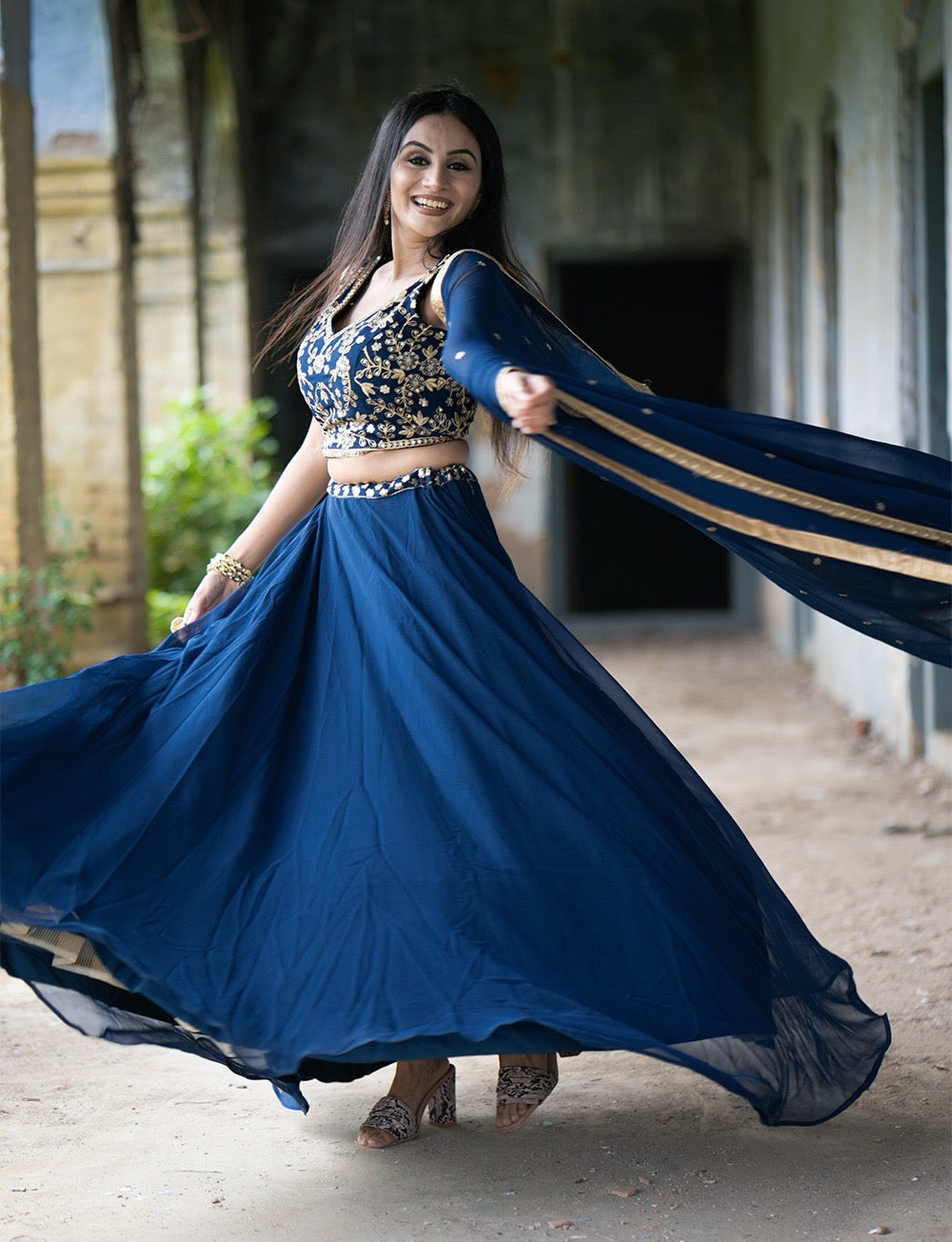 Rama Blue fully stitched Georgette Lehenga