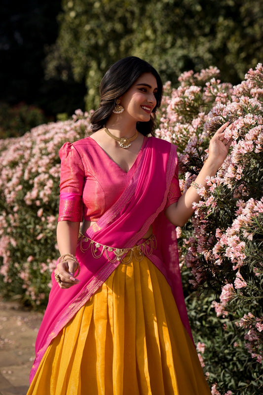 Pink & Yellow Kanchipuram style premium fully stitched lehenga