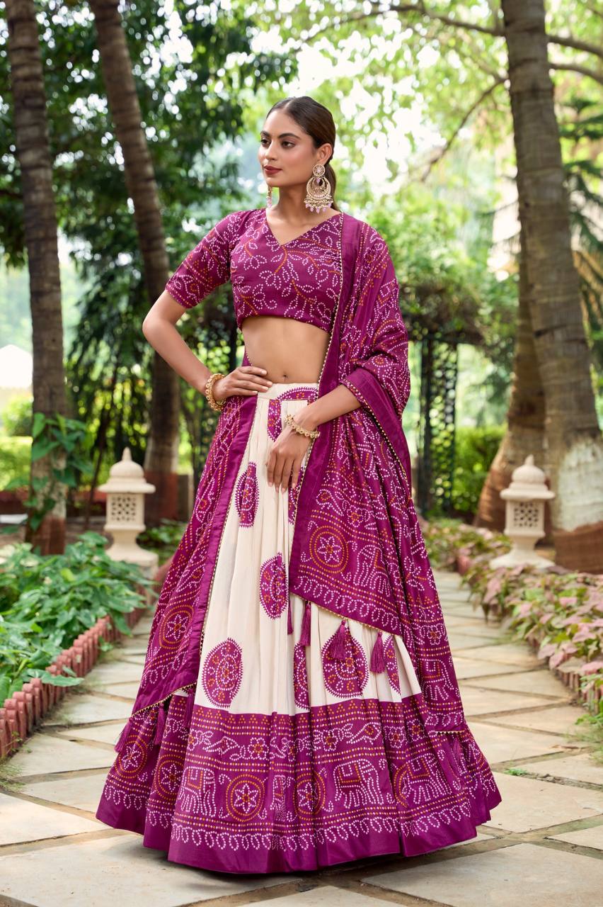Navratri Special Purple Bandhani Print Fully Stitched Lehenga