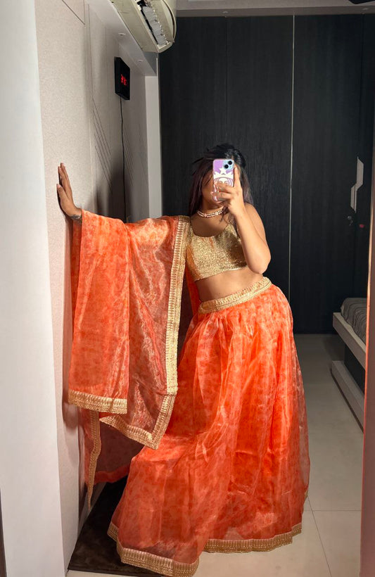 Peachy orange Organza lehenga fully stitched
