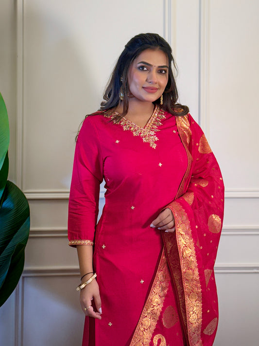 Pankhuri by Kiara - Beautiful Pink Silk Kurti Readymade Set