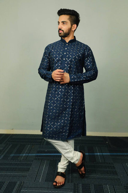 Rama blue Premium soft silk kurta with sequins work and with white cotton pajama