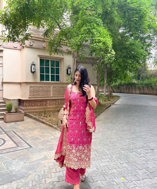 Premium Chinnon Rani Pink sharara set fully stitched