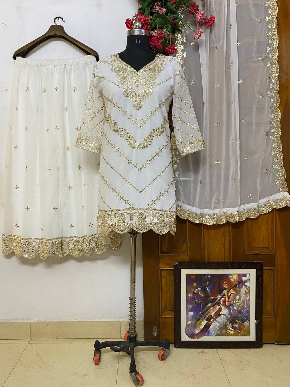 Premium Off white top and plazo set