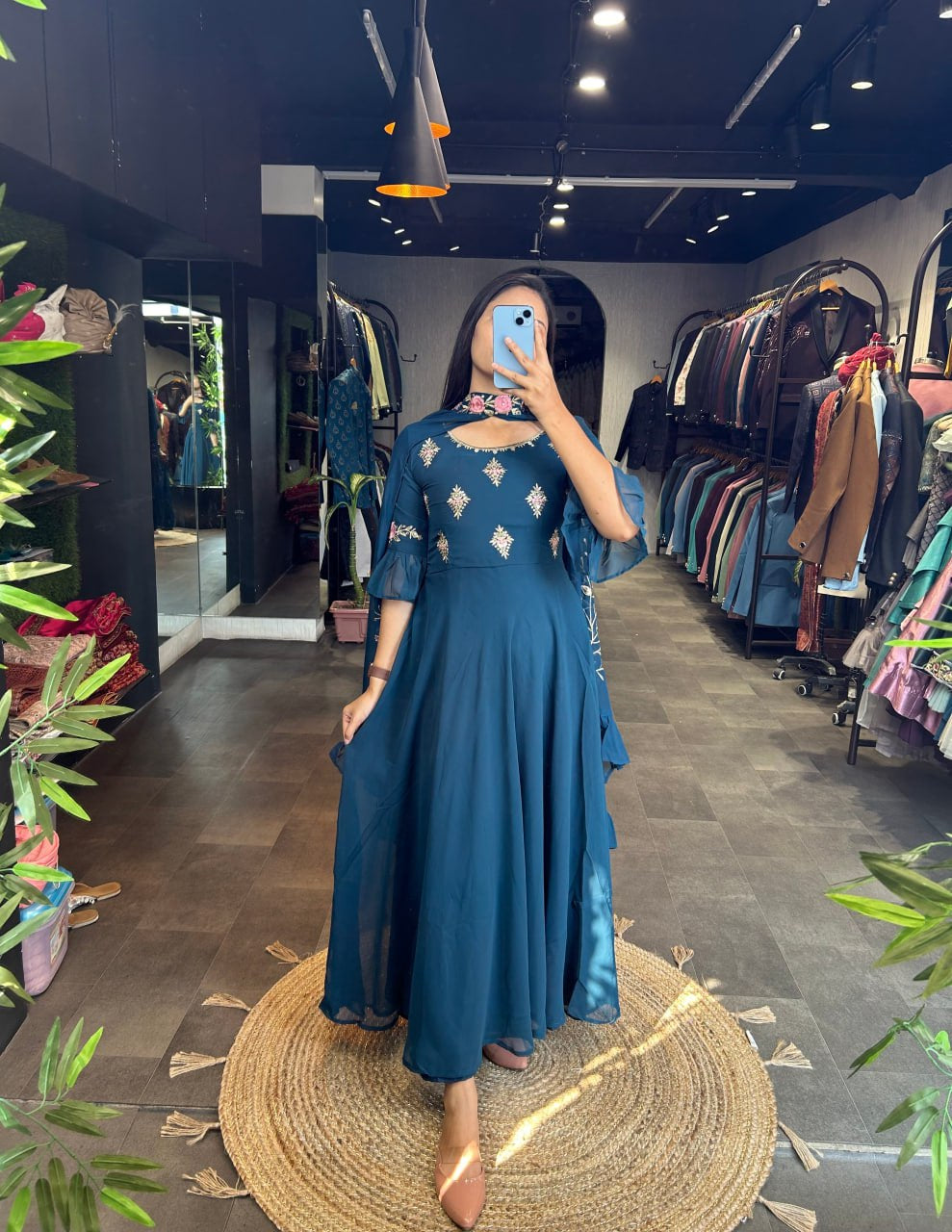 Rama blue gown with shrug fully stitched