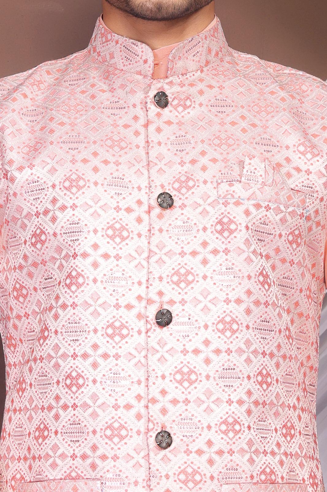 Peach Stylish Kurta with Koti for Wedding & Festive Looks - Men's Wear