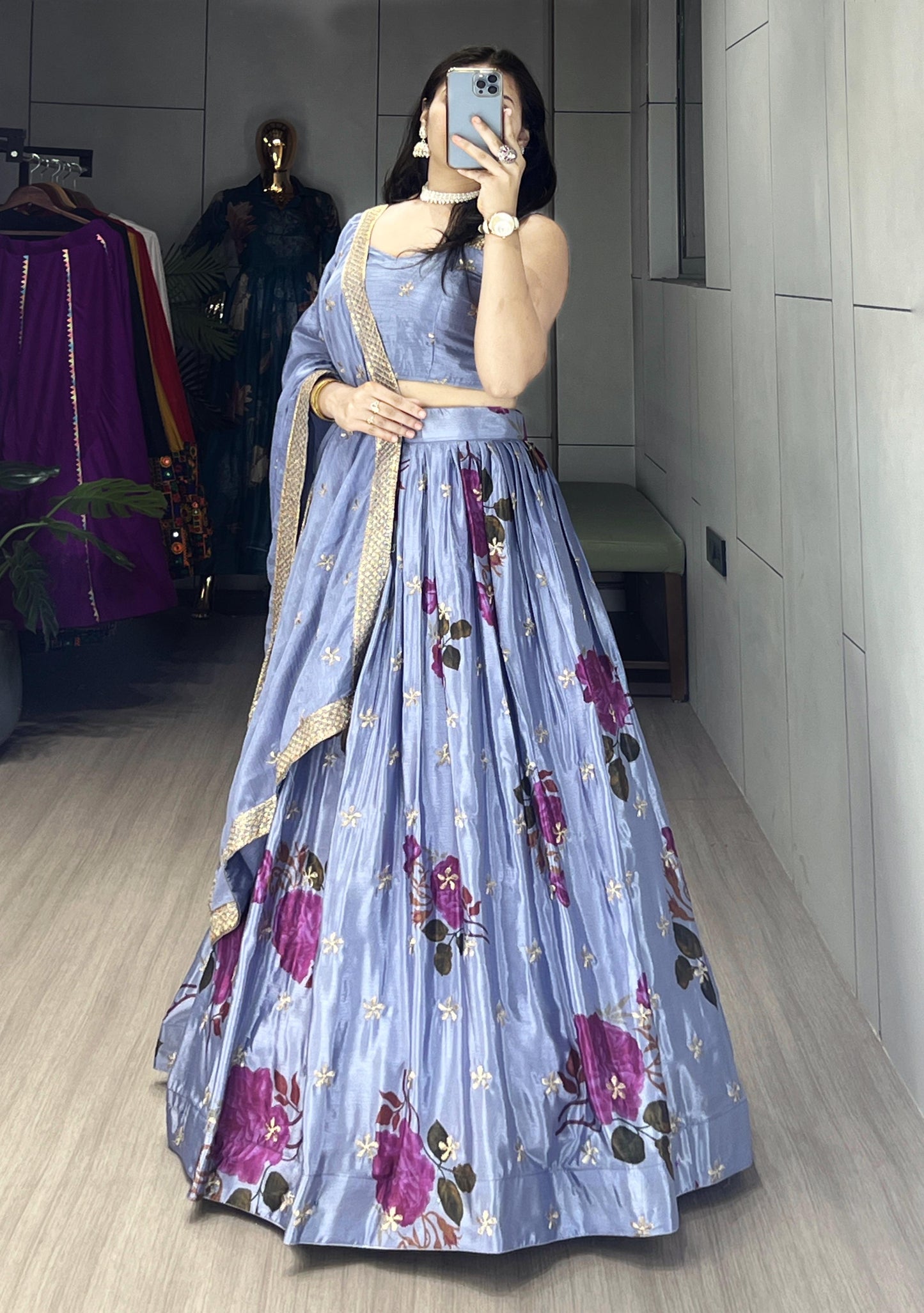 Beautiful Pastel Colour Soft Silk Floral Lehenga Fully Stitched