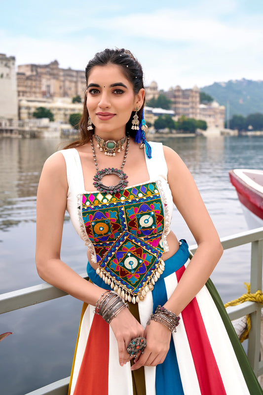 Shauryaa - Premium White Rayon Cotton Rainbow Styled Lehenga Cholis Fully Stitched