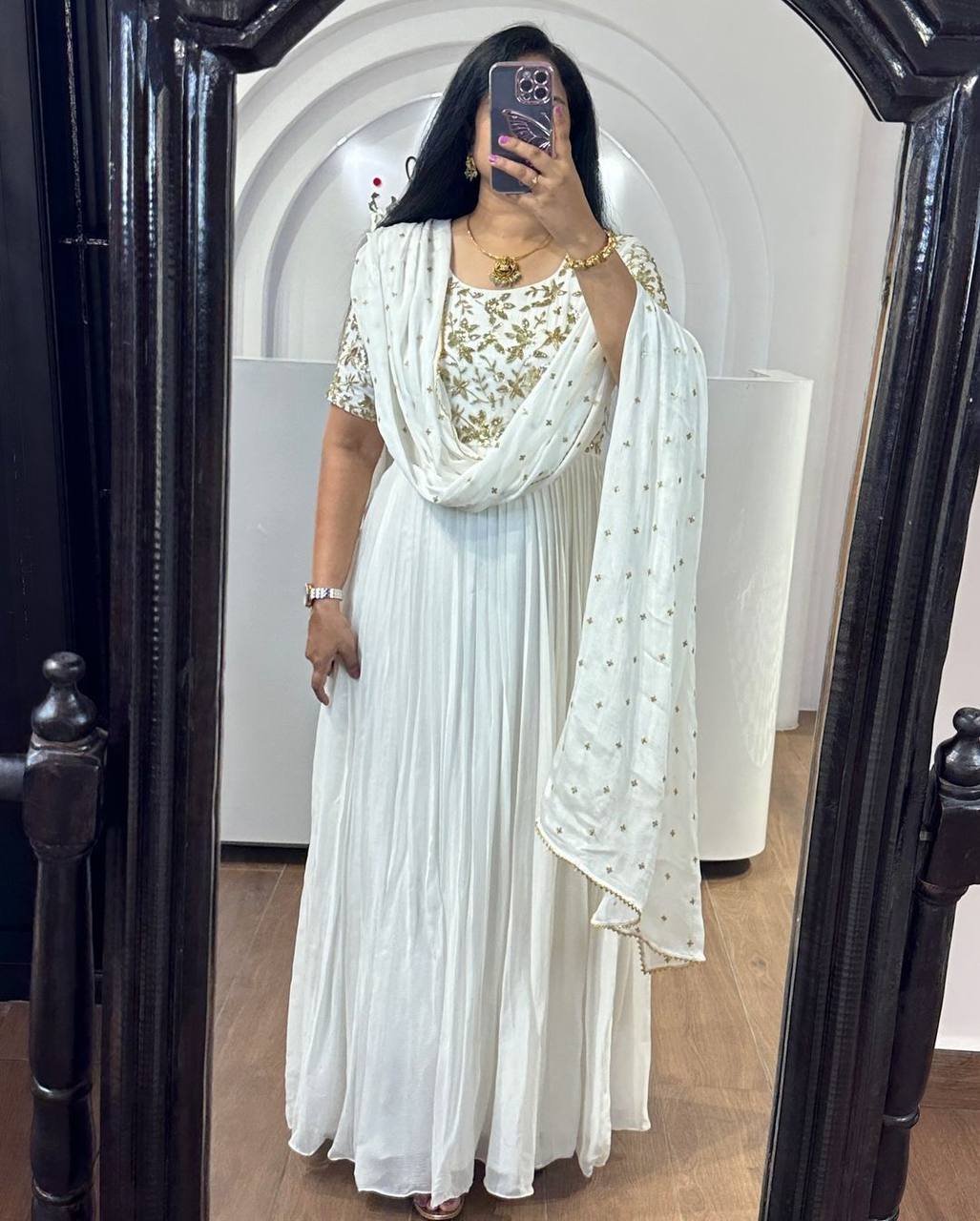 Premium Off White Neck Embroidered Silk Anarkali Dress