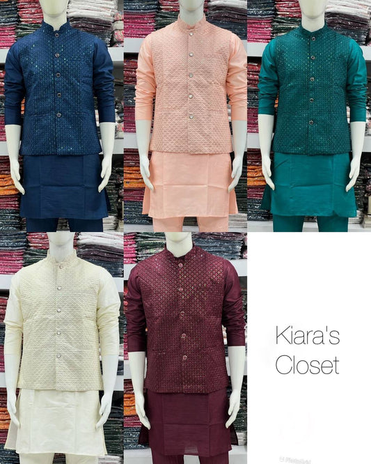 Premium off white colour silk fabric men's koti kurta with pajama