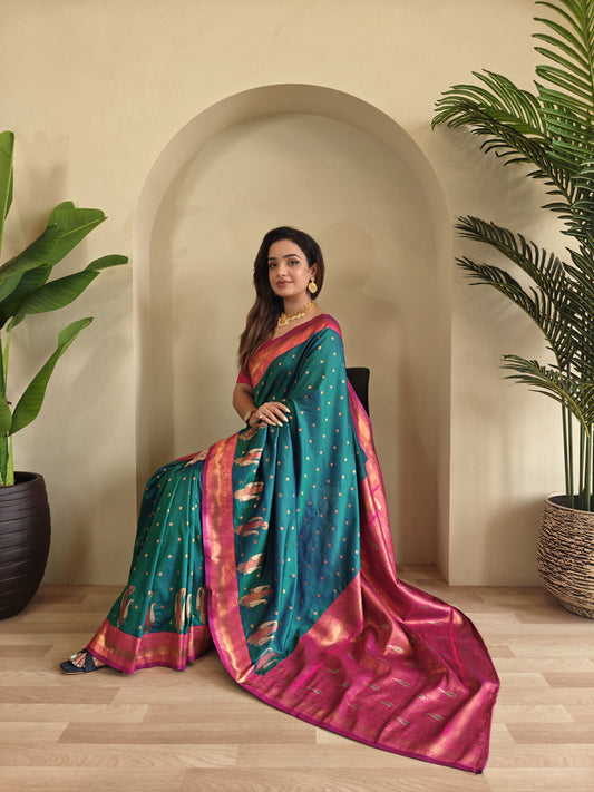 Pure Paithani Silk Saree with rich weaving with Stitched Blouse