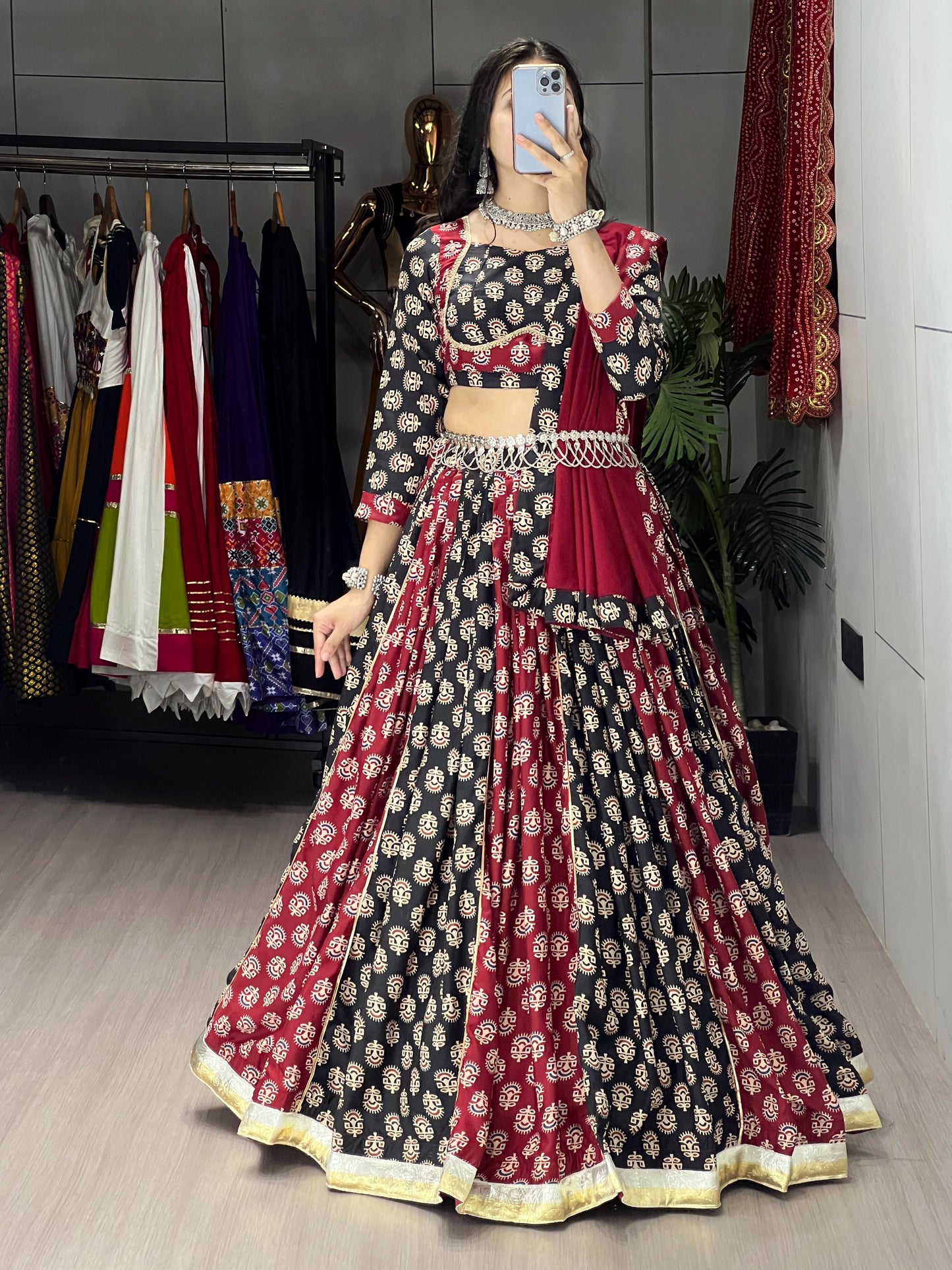 Navratri Special Pure Cotton Ajarakh Print Chaniya Choli Fully Stitched