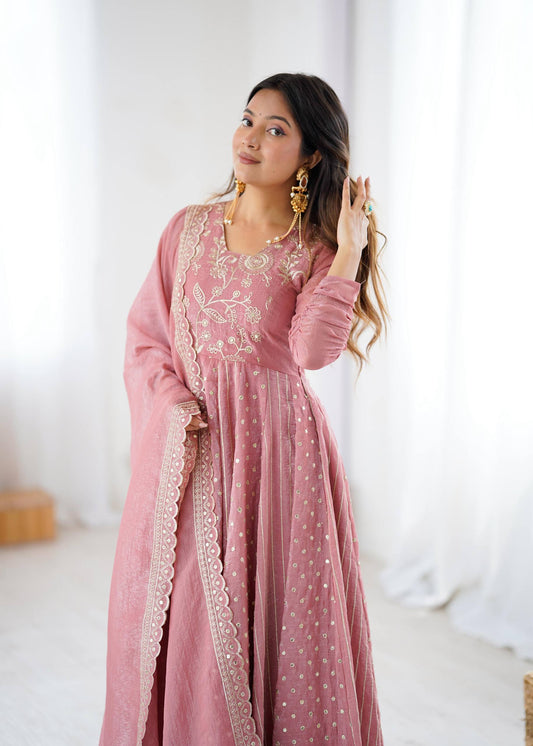 Vedika - Premium Soft Silk Anarkali Gown with Embroidery Sequins Work Fully Stitched
