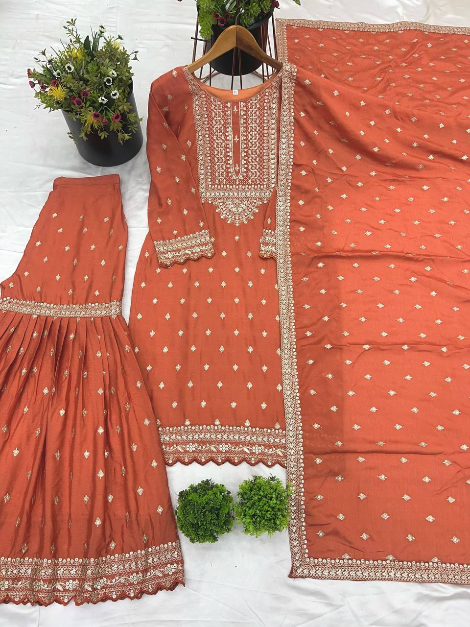 Embroidered & Butti Work Orange Sharara Set Fully Stitched