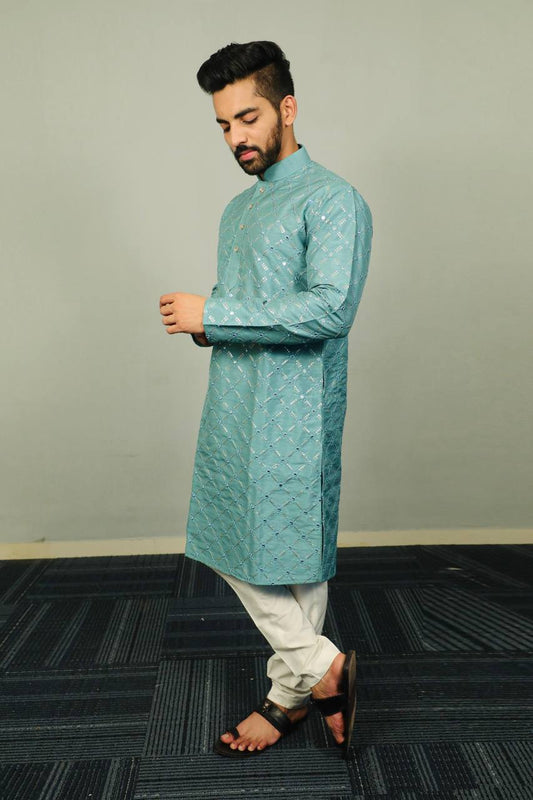 Turquoise colour Premium soft silk kurta with sequins work and with white cotton pajama