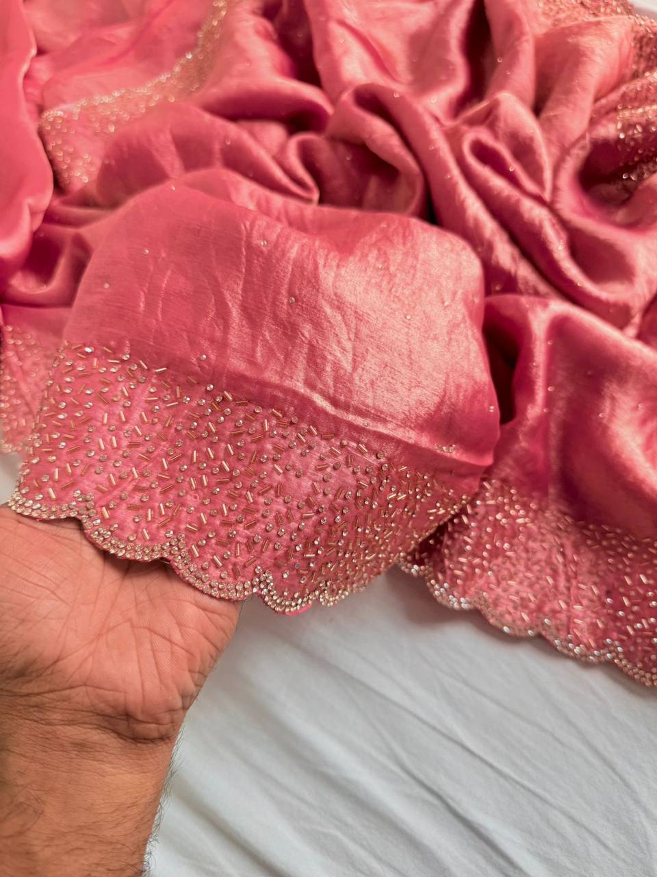 Premium Crystal Beads Work Soft Silk Saree with Stitched Blouse as per your style