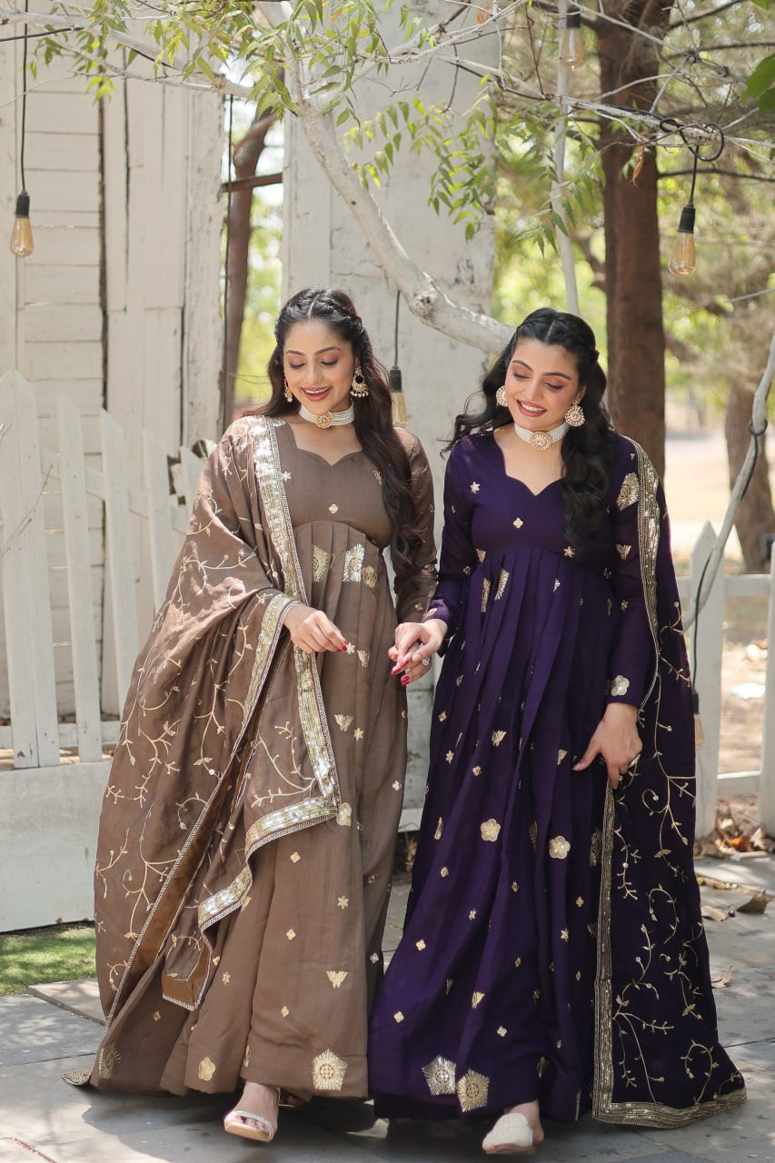 Premium Vichitra Silk Brown Fully Stitched Gown