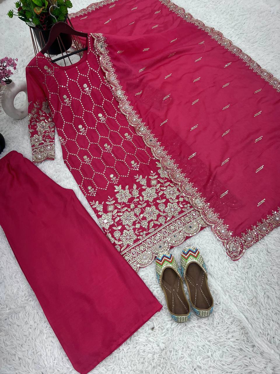Premium Chinnon Rani Pink sharara set fully stitched
