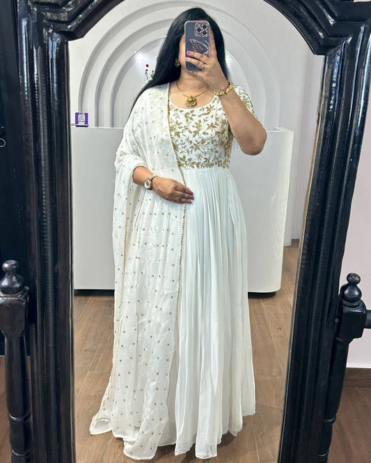 Premium Off White Neck Embroidered Silk Anarkali Dress