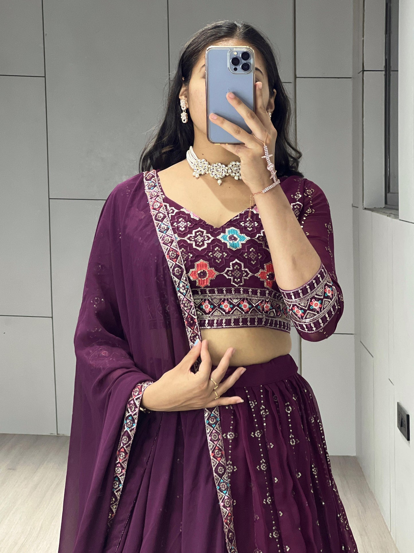 Samyaka - Beautiful Georgette Wine Chaniya Choli Fully Stitched
