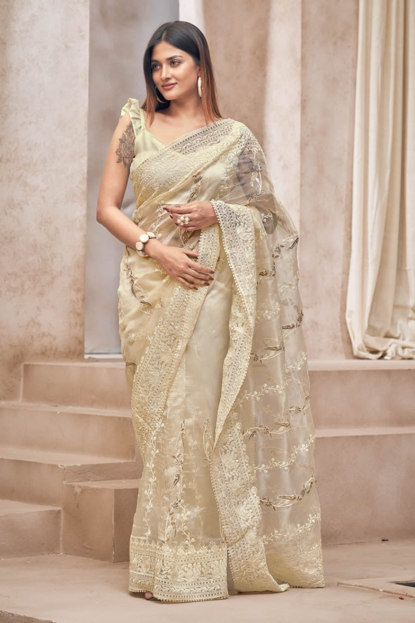 Embroidered on Organza saree with fully stitched blouse