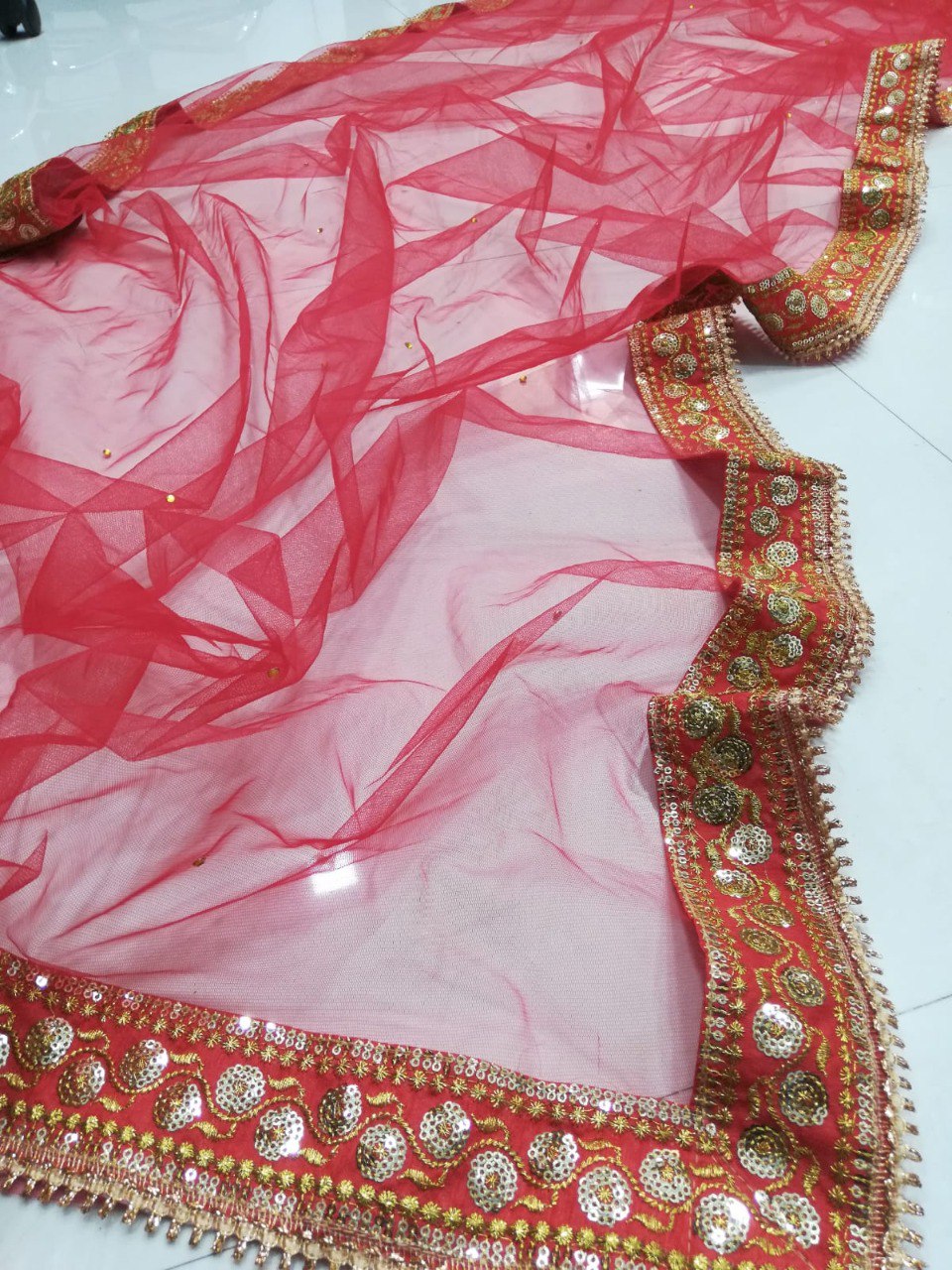 Green & Red Beautifully Embroidered Fully Stitched Lehenga