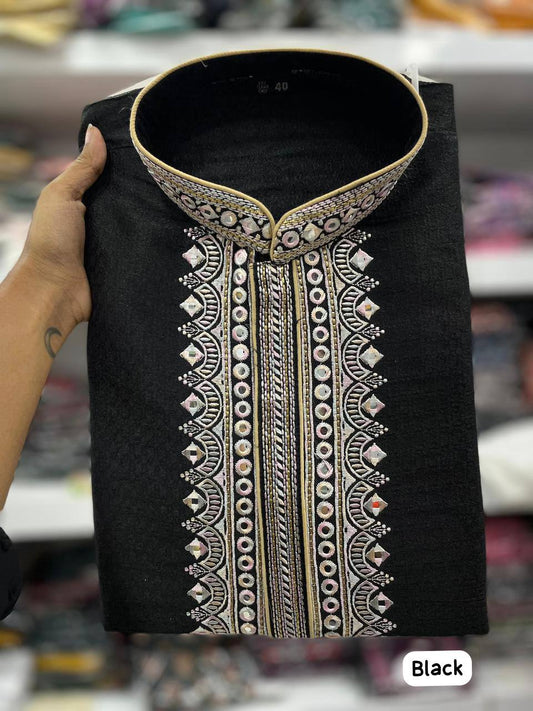 Black Men's premium cotton jacquard kurta with embroidery at neck with pajama