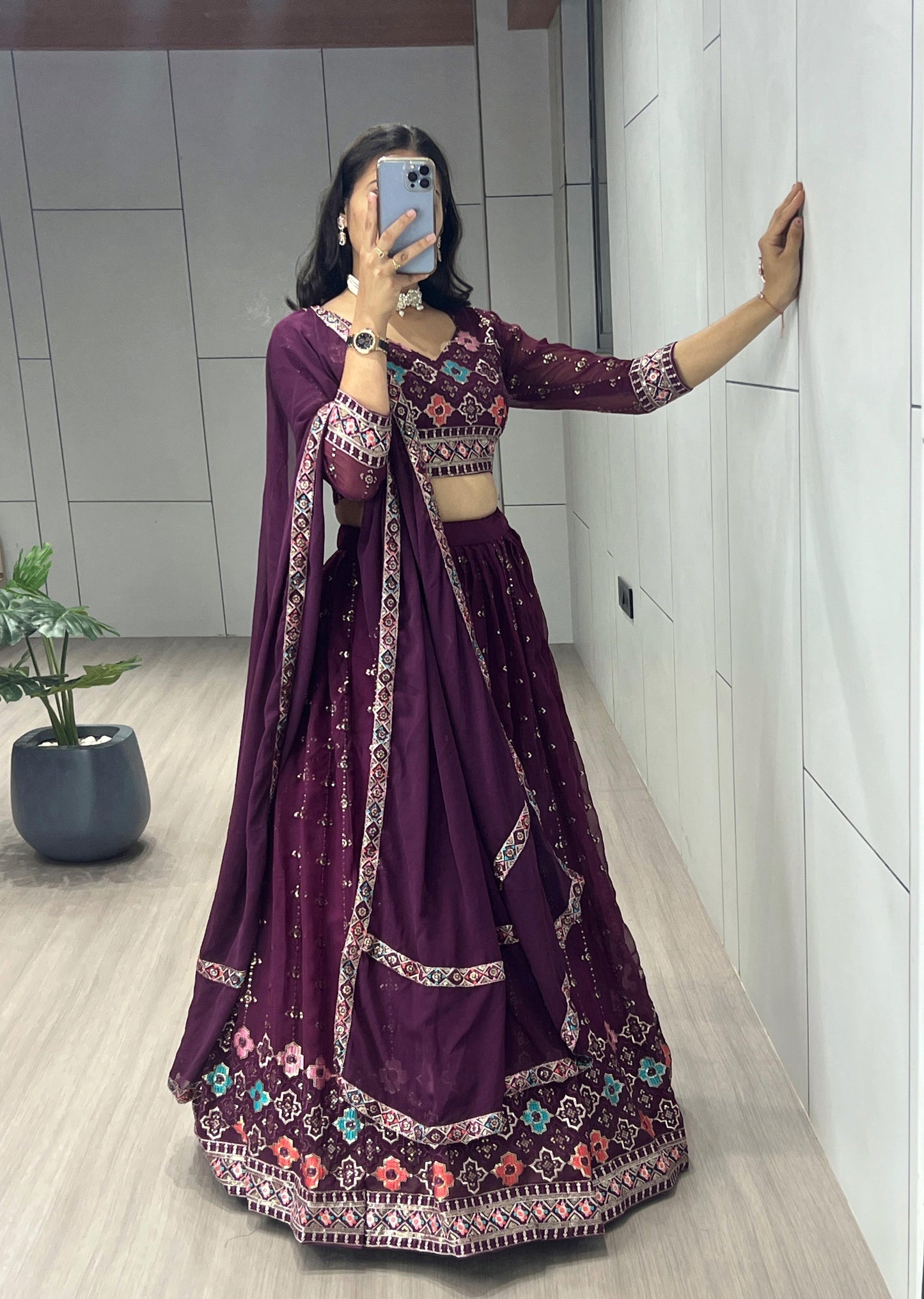 Samyaka - Beautiful Georgette Wine Chaniya Choli Fully Stitched