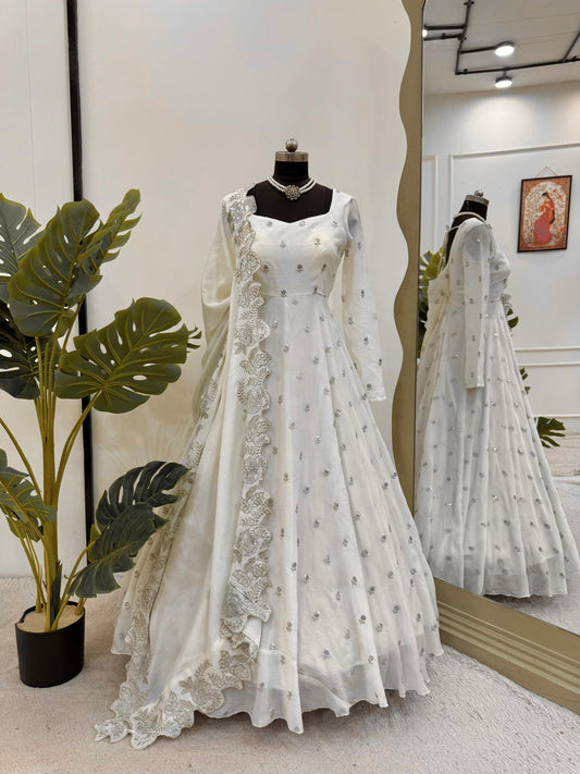 Premium Off White Silk Anarkali Suit with Butti work All over Suit Perfect for all occasions