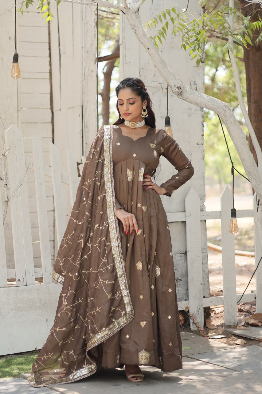 Premium Vichitra Silk Brown Fully Stitched Gown