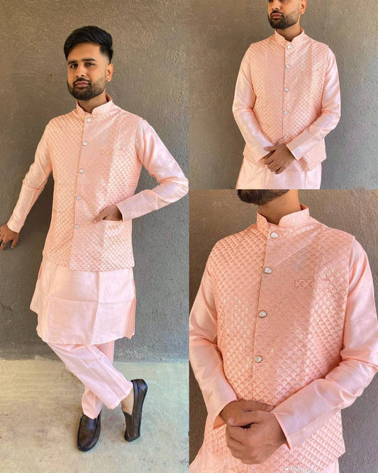 Premium baby pink colour silk fabric men's koti kurta with pajama