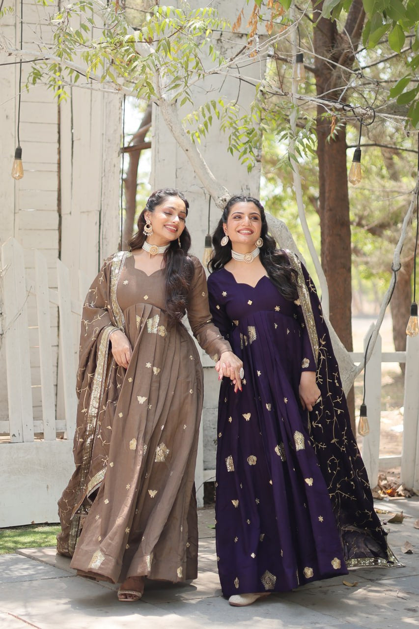 Premium Vichitra Silk Brown Fully Stitched Gown