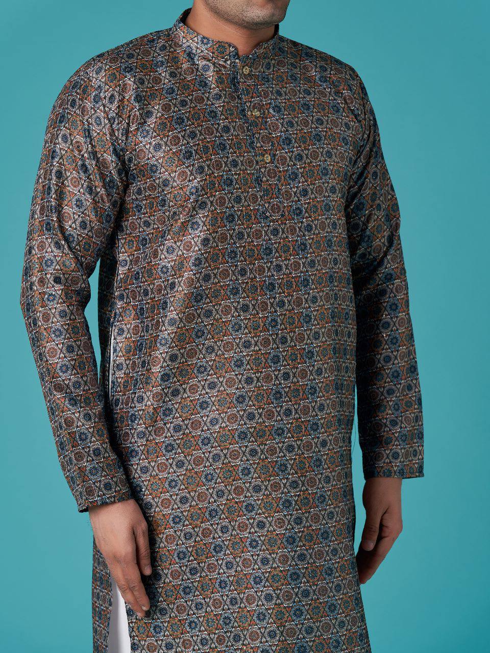 Black Men's traditional indian sequins work with print cotton kurta with pajama