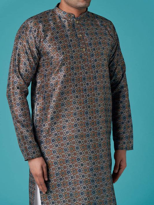 Black Men's traditional indian sequins work with print cotton kurta with pajama