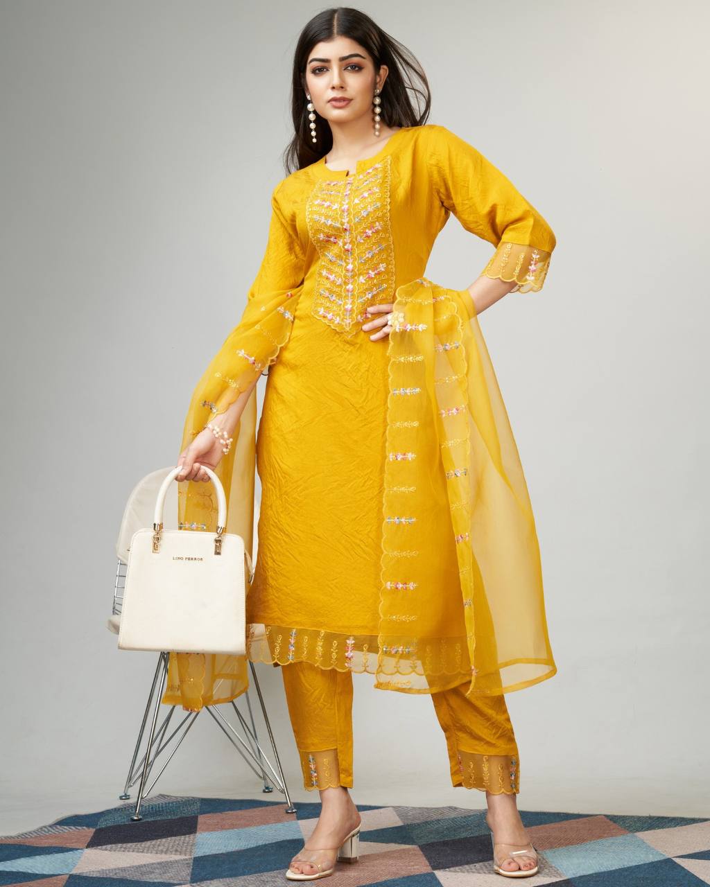 Mustard viscose fabric kurti set