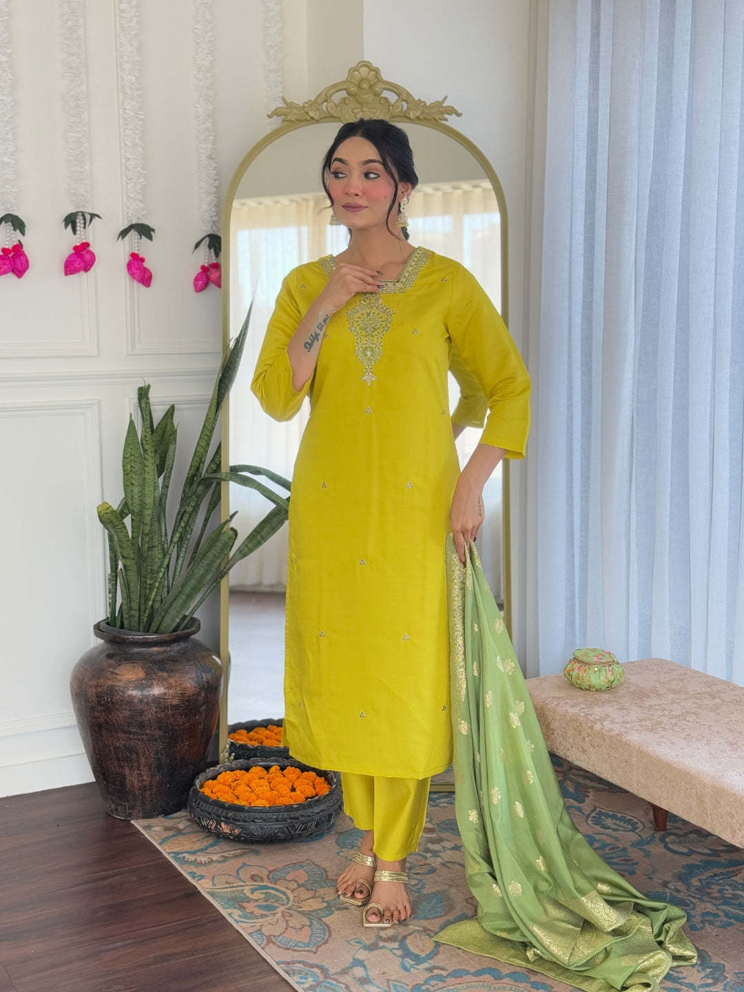 Lime Yellow by Kiara - Beautiful Silk Kurti Readymade Set