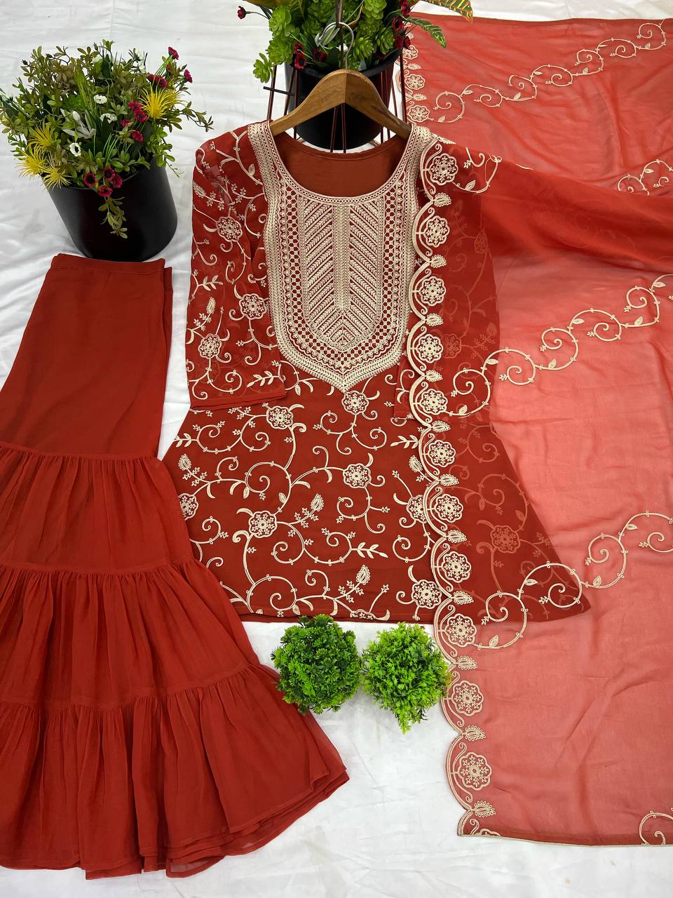 Soft Georgette Parrot Orange Sharara Set Fully Stitched