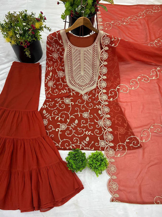 Soft Georgette Parrot Orange Sharara Set Fully Stitched