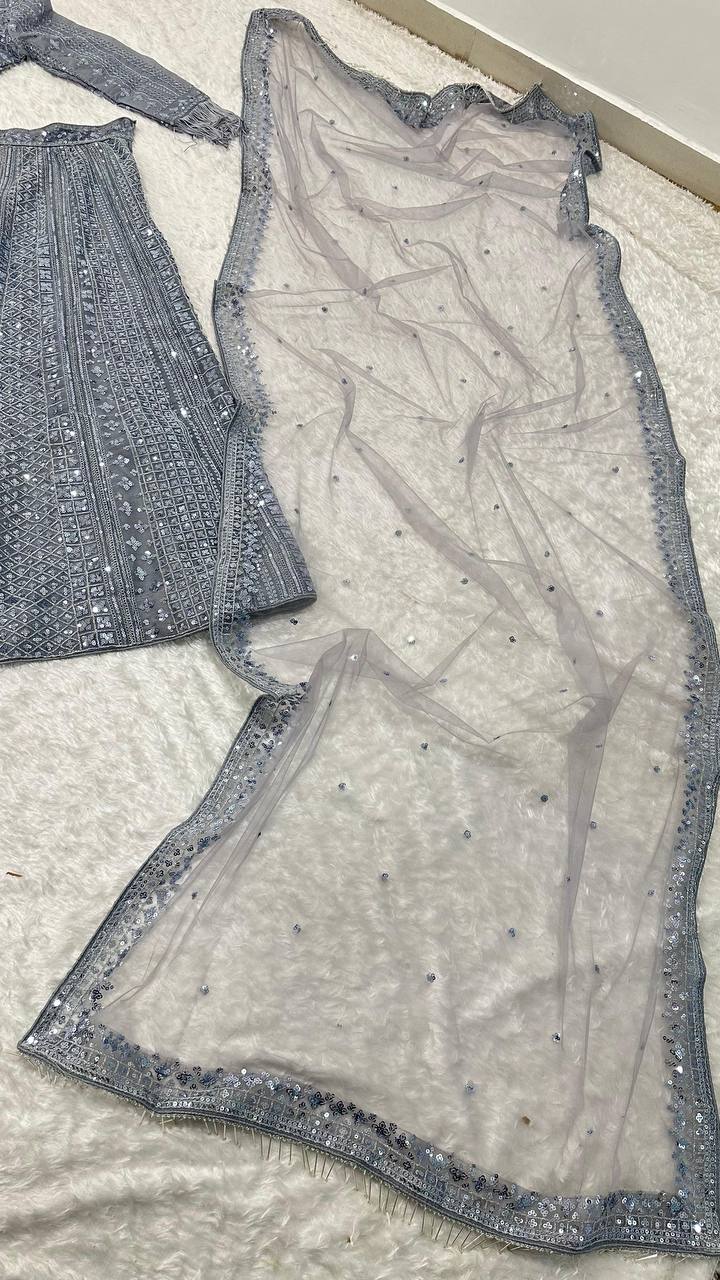 Premium Shimmer Silk Grey Lehenga Fully Stitched