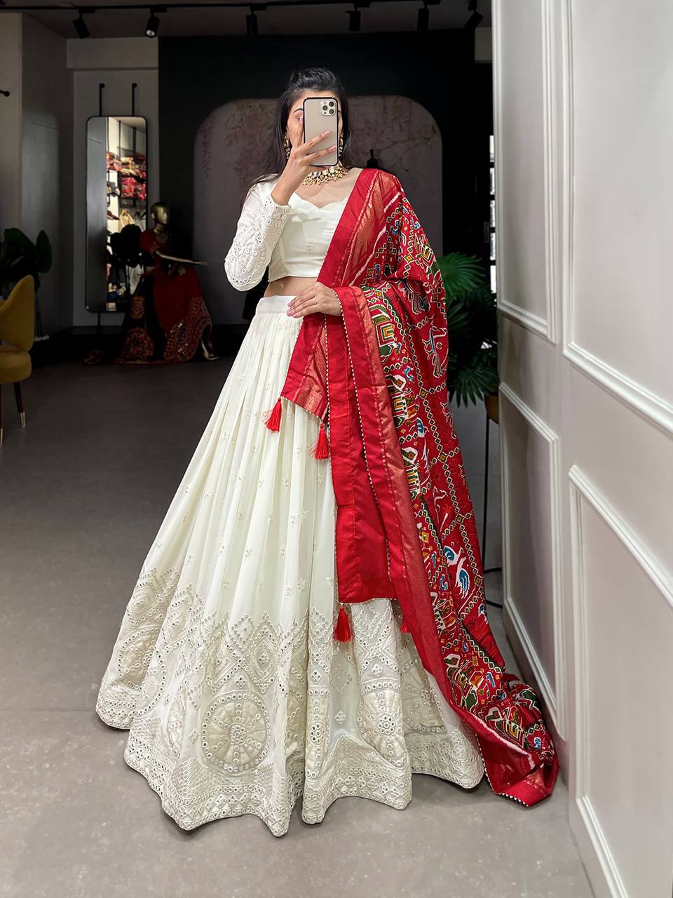 Navratri Special Off white Mirror Work Lehenga in 2 Beautiful Colours