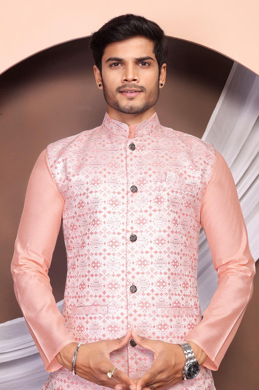 Peach Stylish Kurta with Koti for Wedding & Festive Looks - Men's Wear