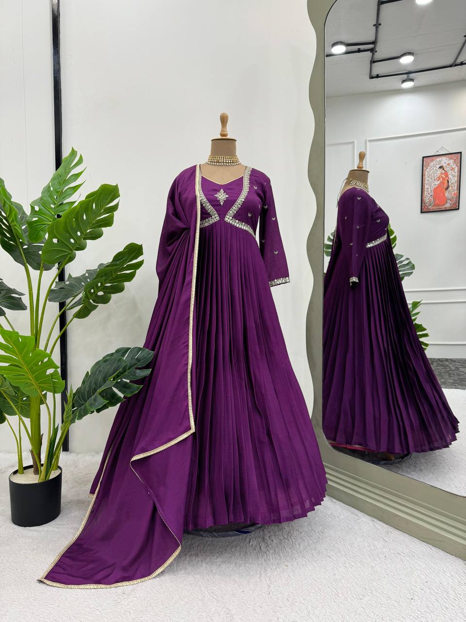 Fully stitched Wine Premium Neckline Work Anarkali style dress