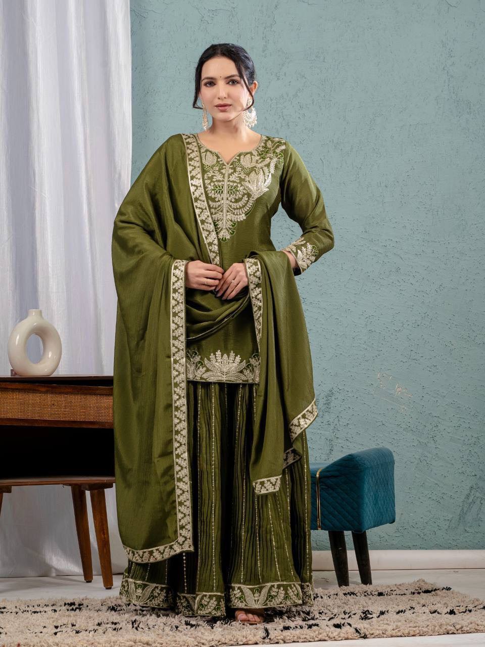 Pure Chinon Silk Embroidered Sharara Set in 4 beautiful Colours Fully Stitched