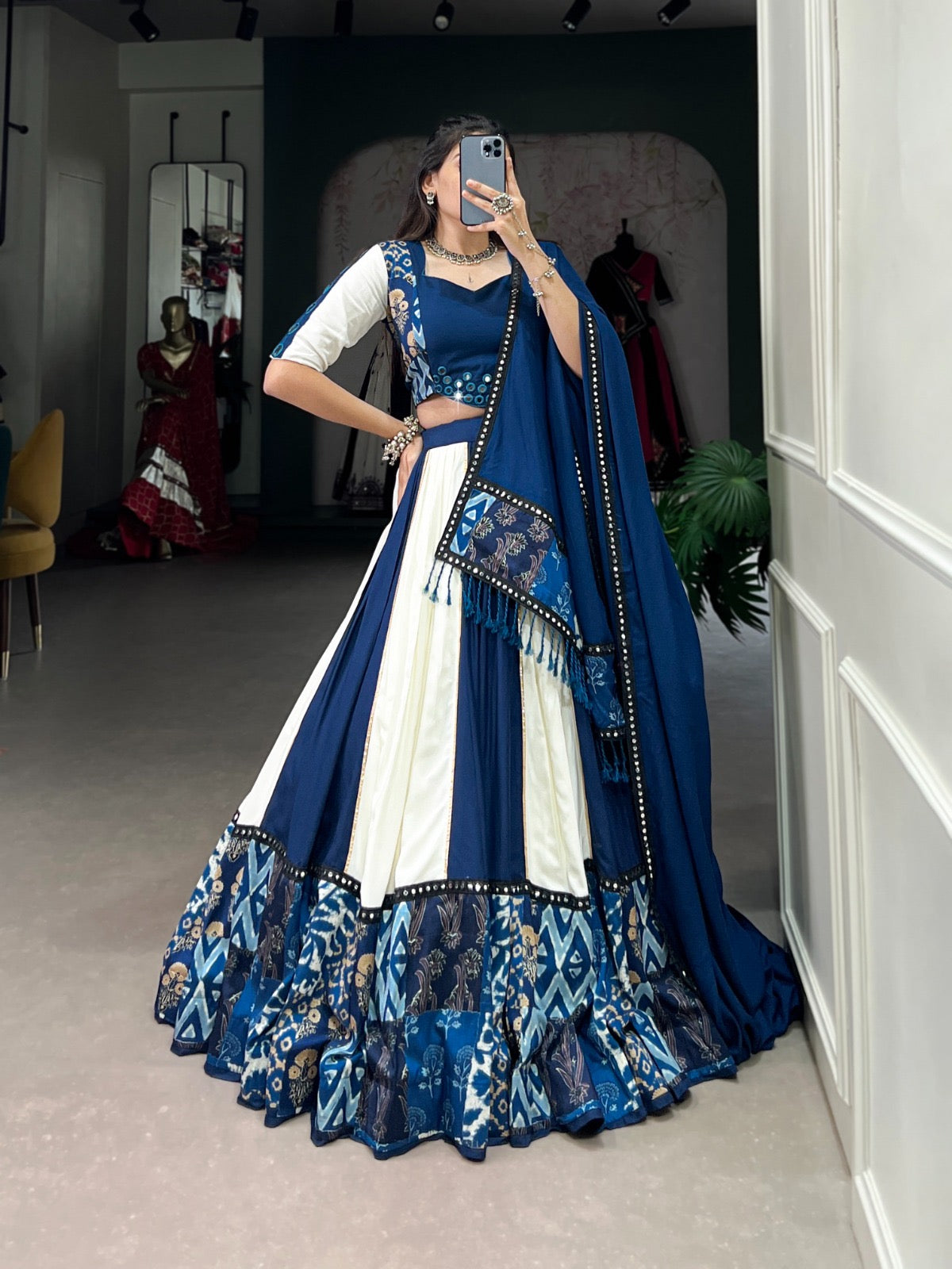 Mithudi - Premium Rama Pure Cotton Rayon MIRROR Work Chaniya Choli for Navratri